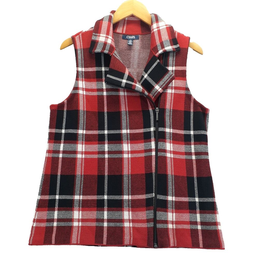 Chaps Womens Sz L Red Black Plaid Sweater Moto Vest Asymmetrical Zip Holiday